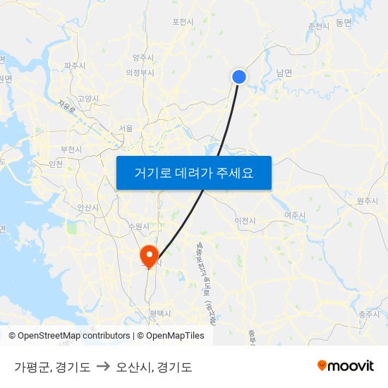 가평군, 경기도 to 오산시, 경기도 map