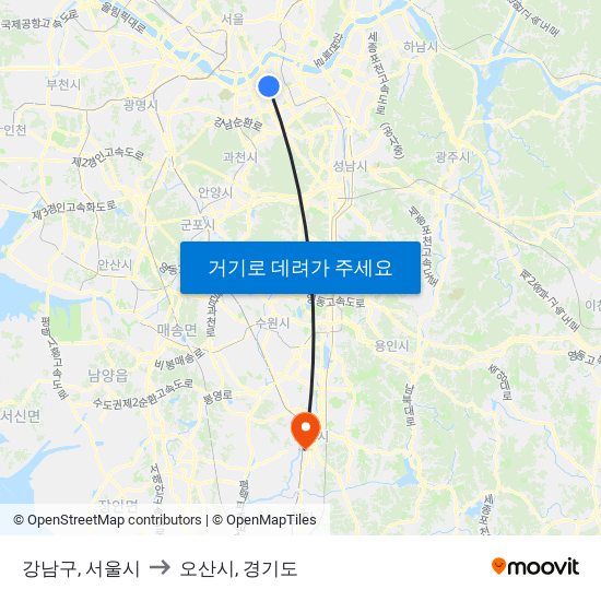 강남구, 서울시 to 오산시, 경기도 map