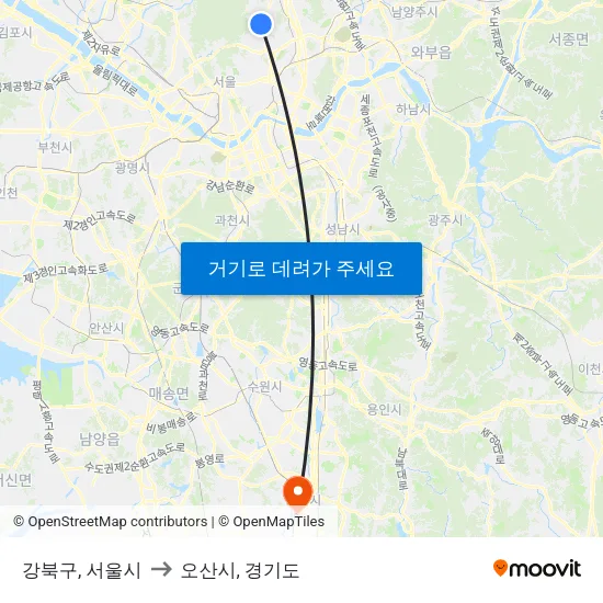 강북구, 서울시 to 오산시, 경기도 map