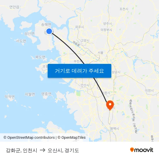 강화군, 인천시 to 오산시, 경기도 map