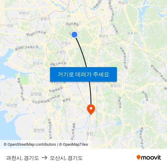 과천시, 경기도 to 오산시, 경기도 map