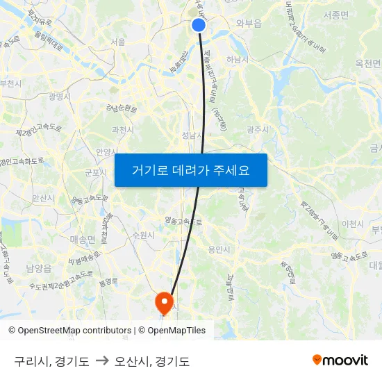 구리시, 경기도 to 오산시, 경기도 map