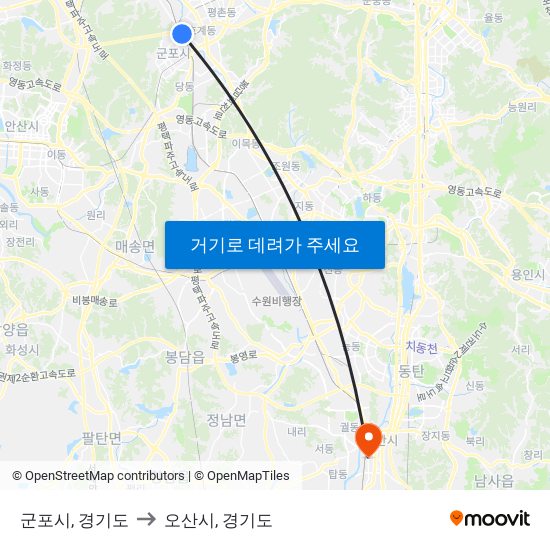 군포시, 경기도 to 오산시, 경기도 map