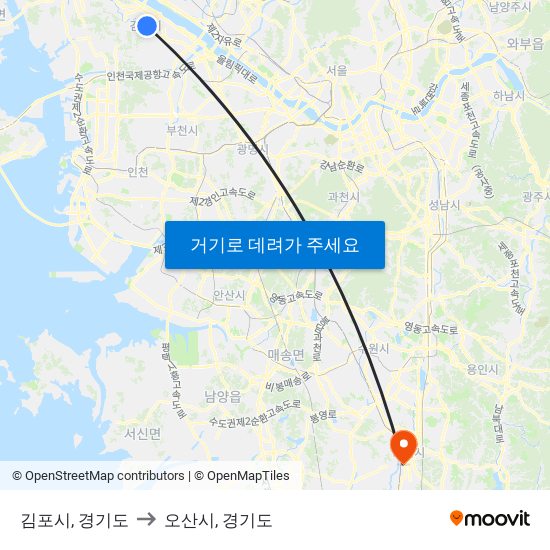 김포시, 경기도 to 오산시, 경기도 map