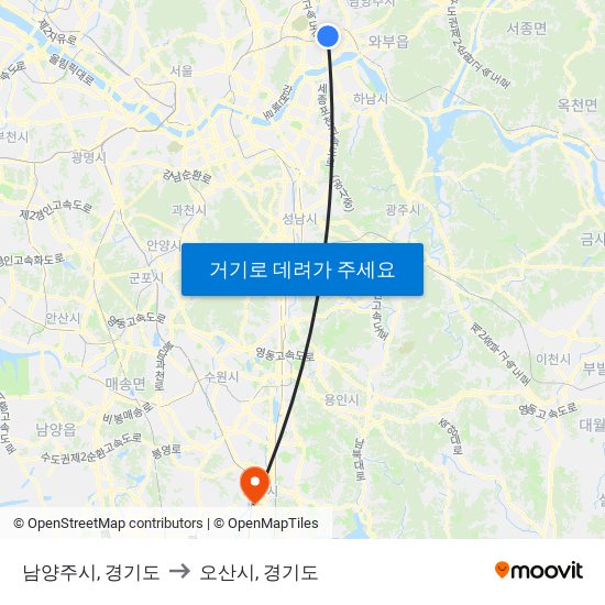 남양주시, 경기도 to 오산시, 경기도 map