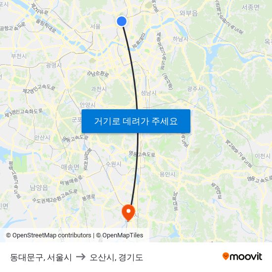 동대문구, 서울시 to 오산시, 경기도 map