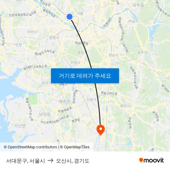 서대문구, 서울시 to 오산시, 경기도 map