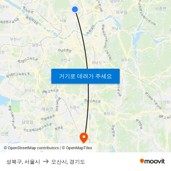 성북구, 서울시 to 오산시, 경기도 map