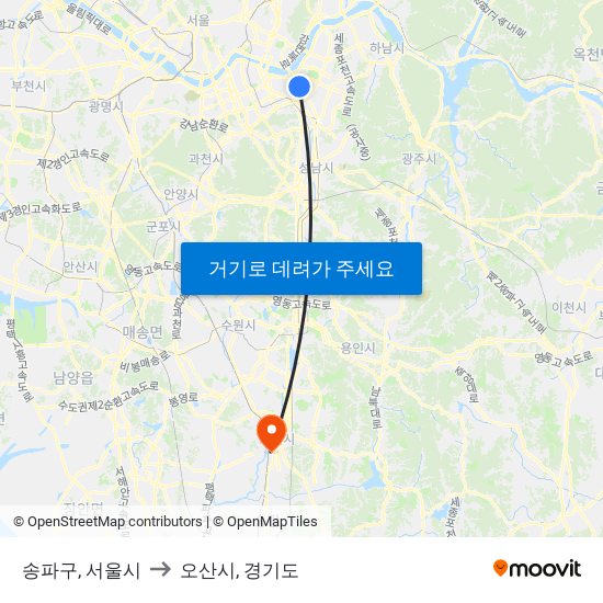 송파구, 서울시 to 오산시, 경기도 map