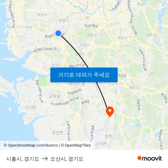 시흥시, 경기도 to 오산시, 경기도 map