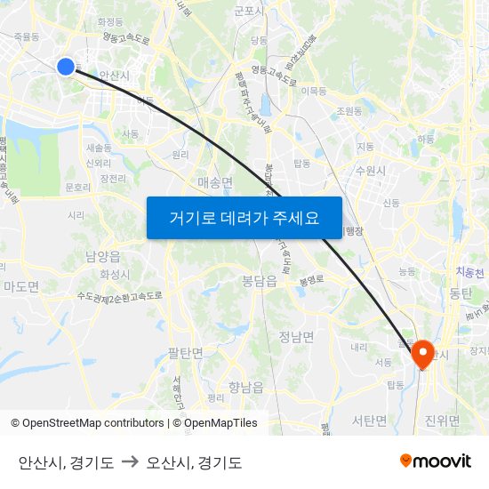 안산시, 경기도 to 오산시, 경기도 map