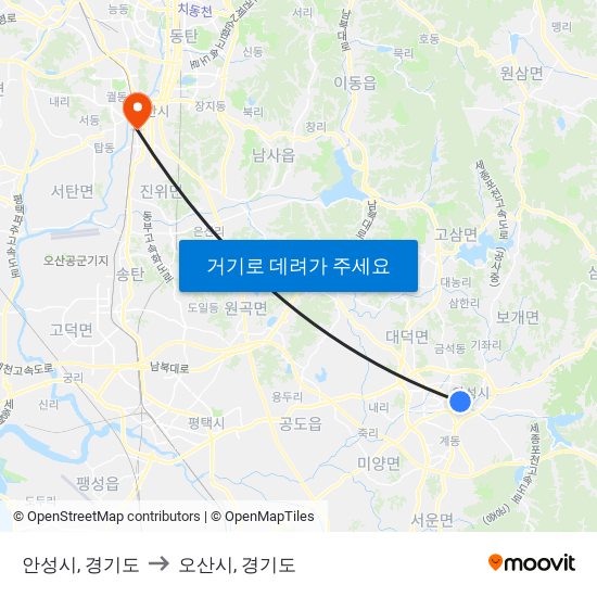 안성시, 경기도 to 오산시, 경기도 map