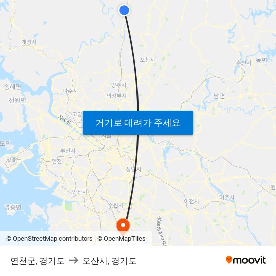 연천군, 경기도 to 오산시, 경기도 map