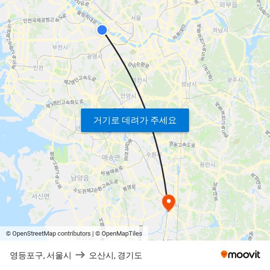 영등포구, 서울시 to 오산시, 경기도 map