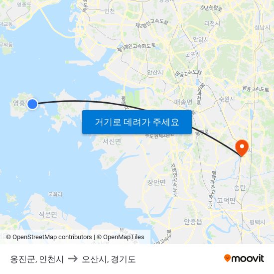 옹진군, 인천시 to 오산시, 경기도 map