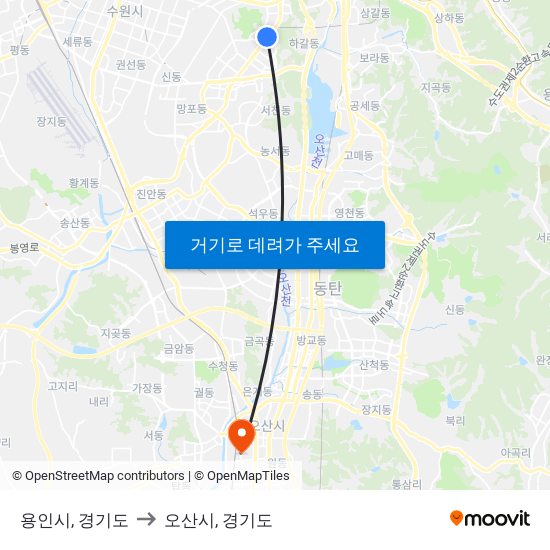 용인시, 경기도 to 오산시, 경기도 map