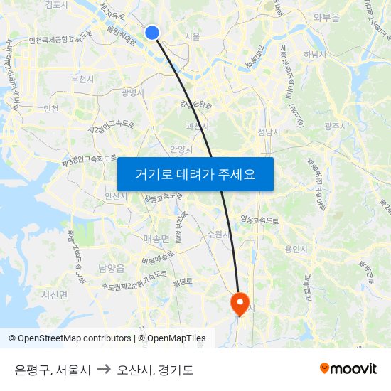 은평구, 서울시 to 오산시, 경기도 map