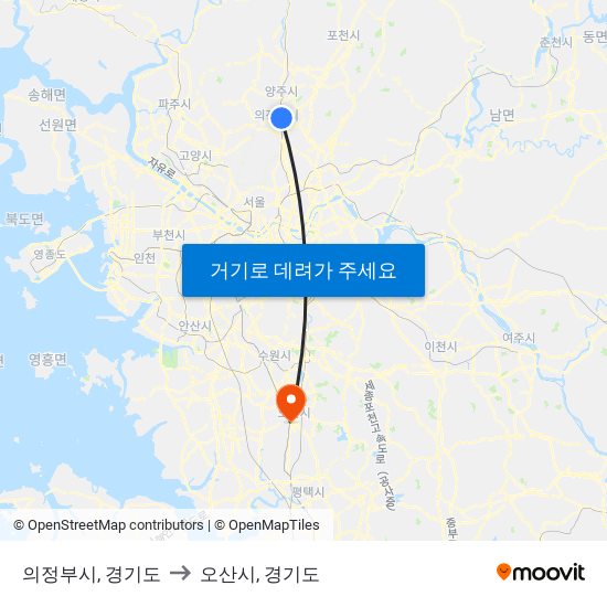 의정부시, 경기도 to 오산시, 경기도 map