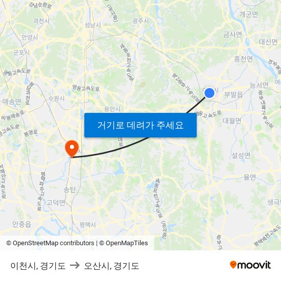 이천시, 경기도 to 오산시, 경기도 map