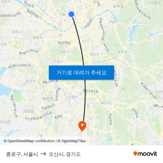 종로구, 서울시 to 오산시, 경기도 map