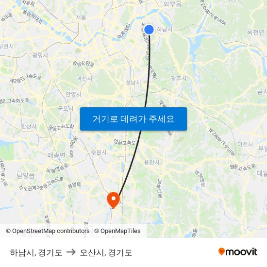 하남시, 경기도 to 오산시, 경기도 map