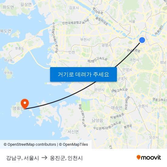 강남구, 서울시 to 옹진군, 인천시 map