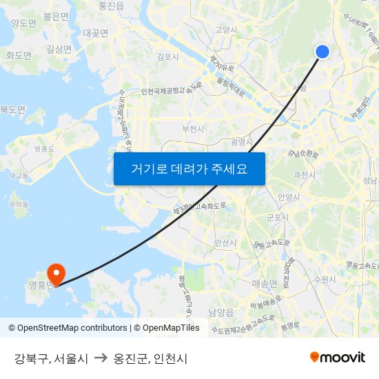 강북구, 서울시 to 옹진군, 인천시 map