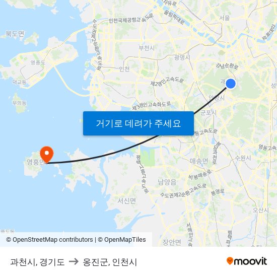 과천시, 경기도 to 옹진군, 인천시 map