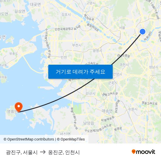 광진구, 서울시 to 옹진군, 인천시 map