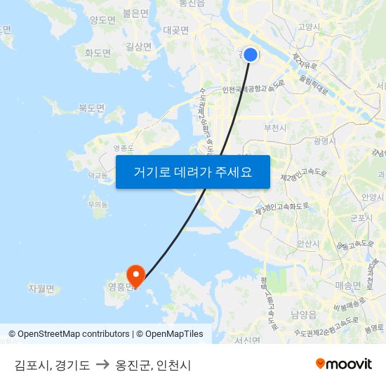 김포시, 경기도 to 옹진군, 인천시 map