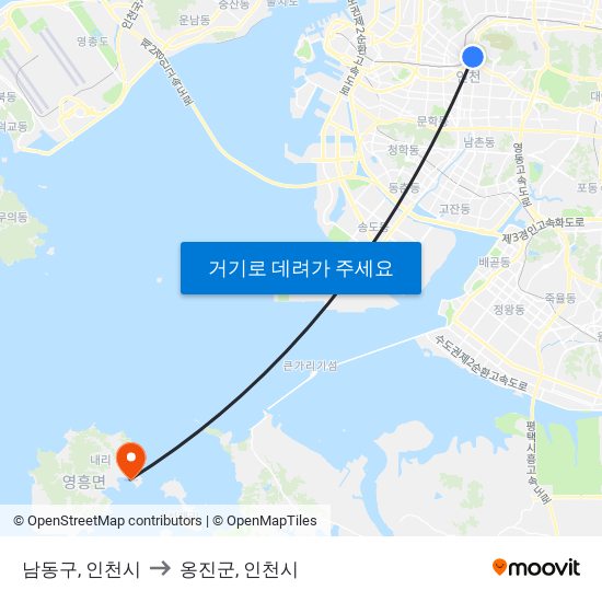 남동구, 인천시 to 옹진군, 인천시 map