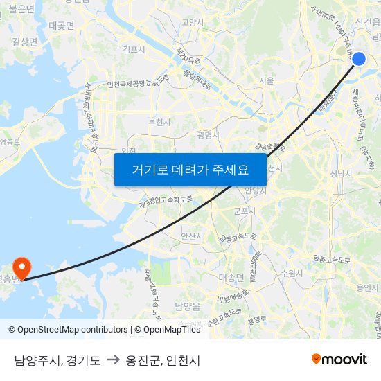 남양주시, 경기도 to 옹진군, 인천시 map