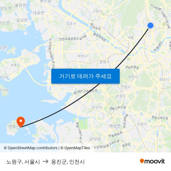 노원구, 서울시 to 옹진군, 인천시 map