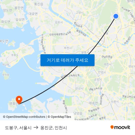도봉구, 서울시 to 옹진군, 인천시 map