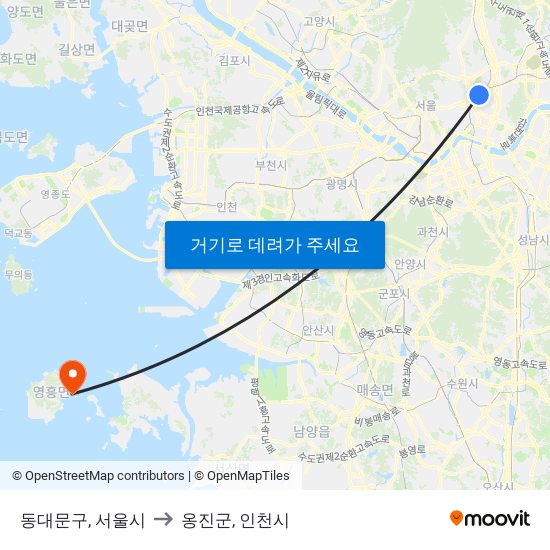 동대문구, 서울시 to 옹진군, 인천시 map