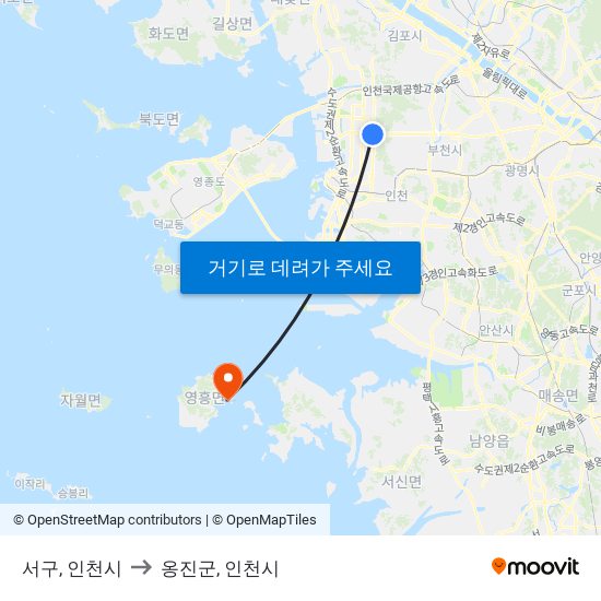 서구, 인천시 to 옹진군, 인천시 map