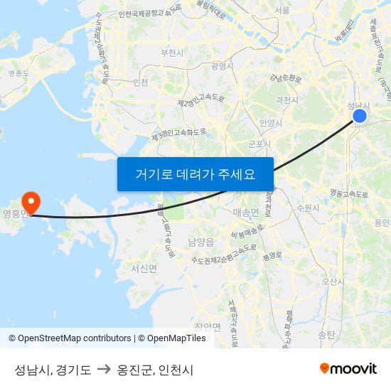 성남시, 경기도 to 옹진군, 인천시 map