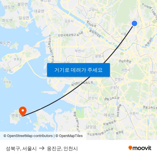 성북구, 서울시 to 옹진군, 인천시 map