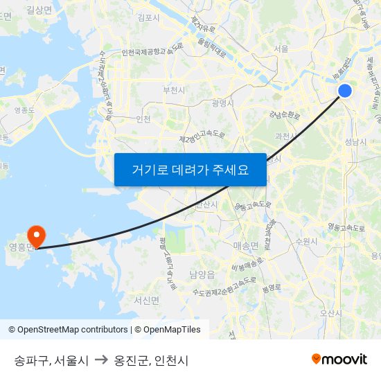 송파구, 서울시 to 옹진군, 인천시 map