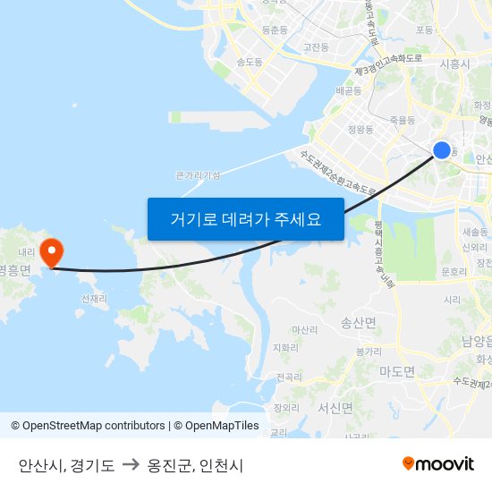 안산시, 경기도 to 옹진군, 인천시 map