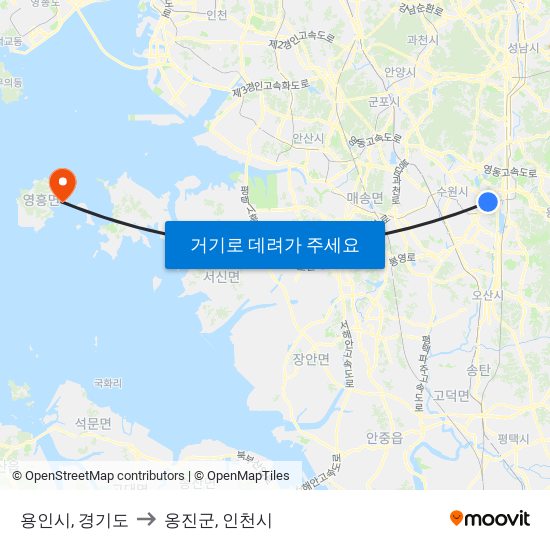 용인시, 경기도 to 옹진군, 인천시 map