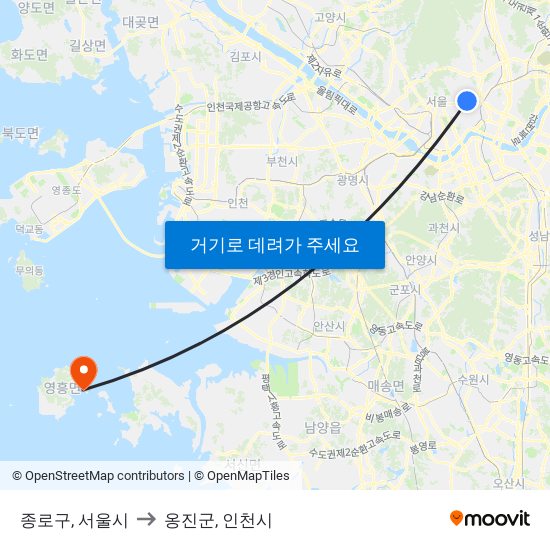 종로구, 서울시 to 옹진군, 인천시 map