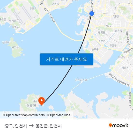 중구, 인천시 to 옹진군, 인천시 map