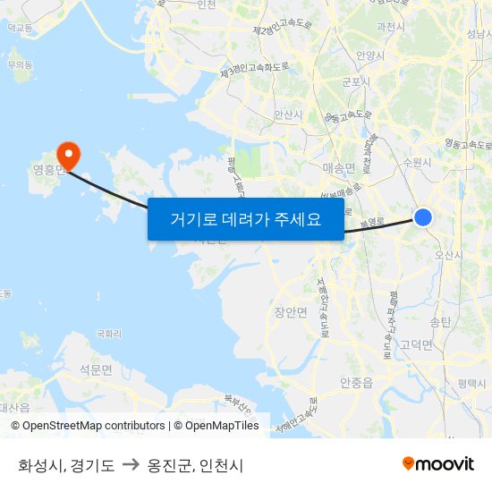 화성시, 경기도 to 옹진군, 인천시 map