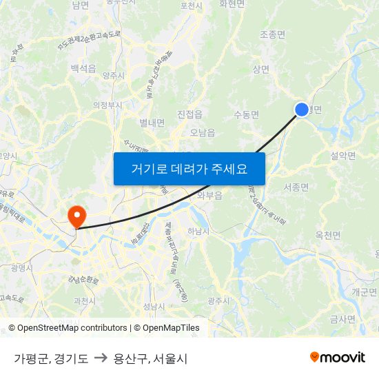 가평군, 경기도 to 용산구, 서울시 map