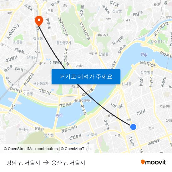 강남구, 서울시 to 용산구, 서울시 map