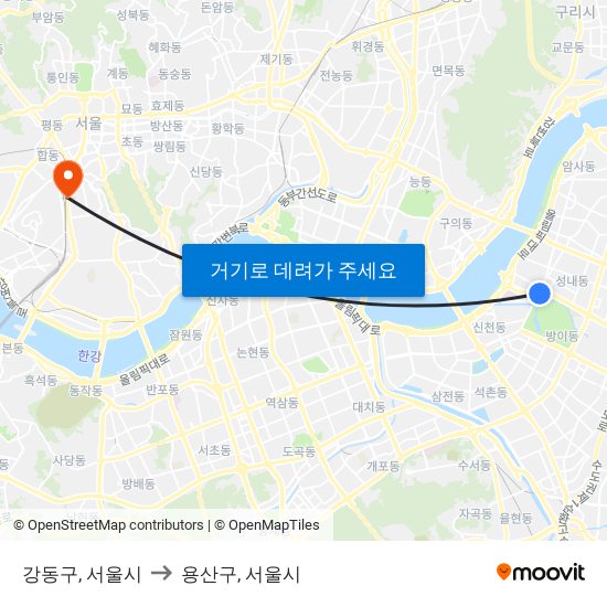 강동구, 서울시 to 용산구, 서울시 map