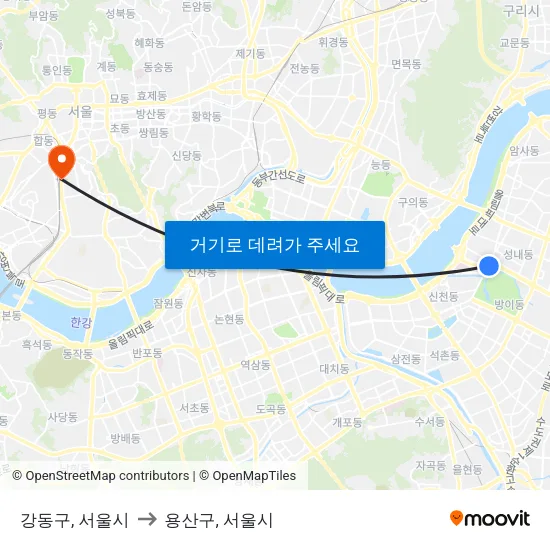 강동구, 서울시 to 용산구, 서울시 map