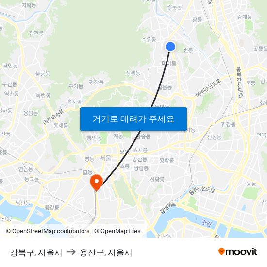 강북구, 서울시 to 용산구, 서울시 map