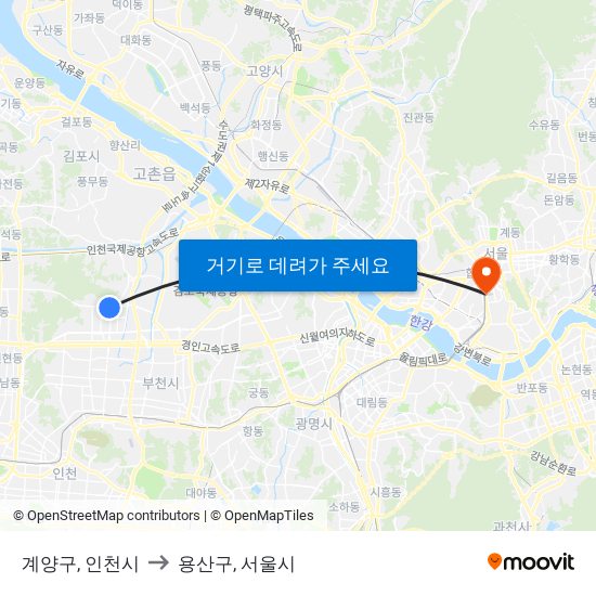 계양구, 인천시 to 용산구, 서울시 map